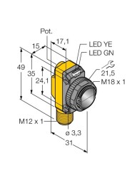 Turck 7700655 LO6.5M-BT18-VP6X2-H1141 Fotoelektrik Sensör Reflektörlü Silindirik/Kübik Gövde 6.5m algılama PNP M12 Konnektörlü - TURCK